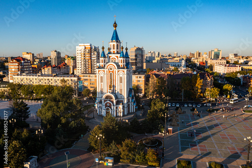Aerial of the Uspensky Cathedral of the Ascension on Komsomol Square, Khabarovsk, Khabarovsk Krai photo