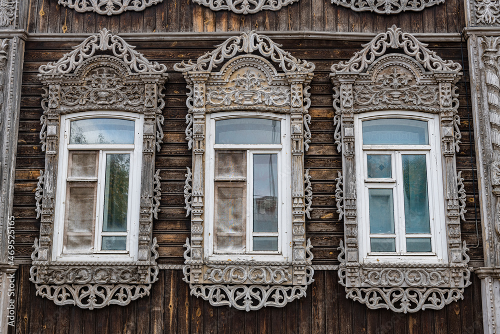 Beautiful wooden windows, Old wooden house, Tomsk, Tomsk Oblast Beautiful wooden windows, Old wooden house, Tomsk, Tomsk Oblast
