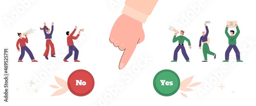 Man making choices and people convincing him, flat vector illustration isolated.