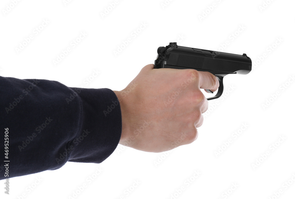 Man aiming gun on white background, closeup Man aiming gun on white background, closeup