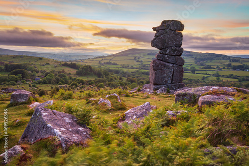 Bowerman's Nose rock formation at sunset, near Manaton, Dartmoor National Park, Devon photo