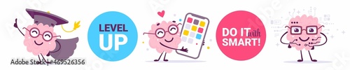 Vector set of creative illustration of happy brain character in