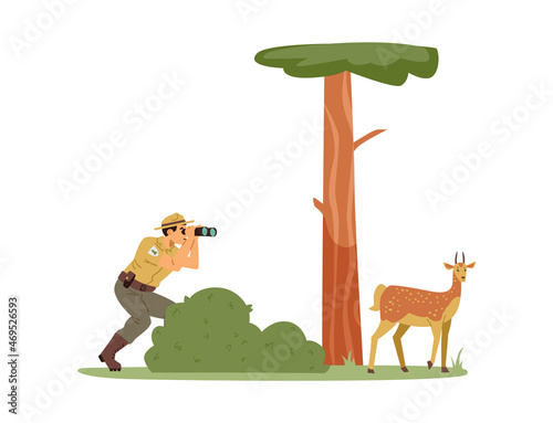 Ranger man character watching wild animals, flat vector illustration isolated.