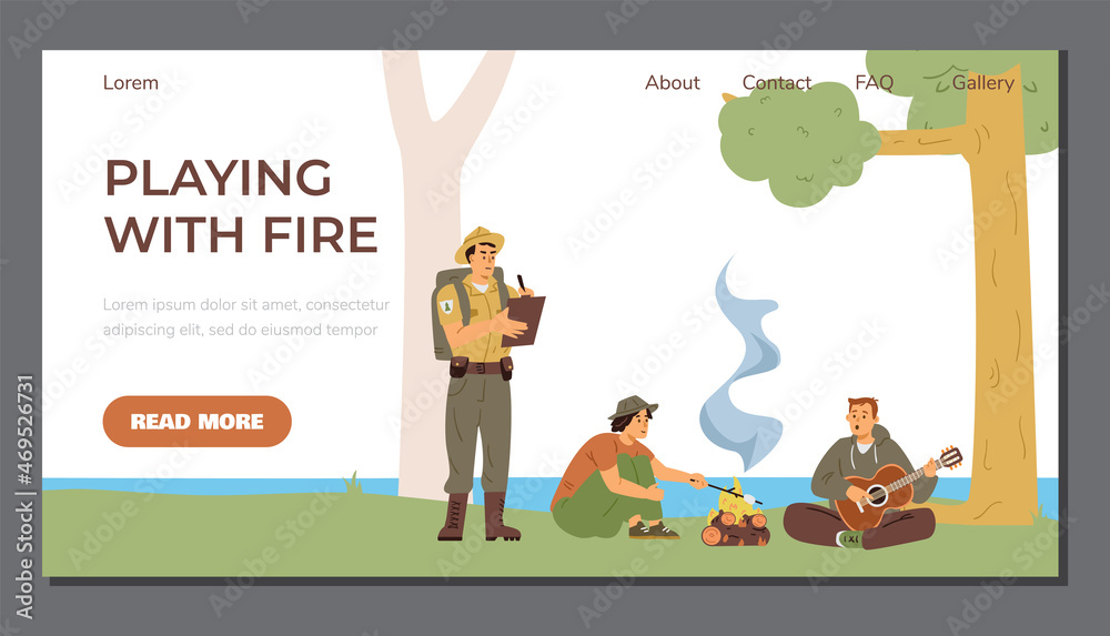 Fototapeta premium Forest fire safety site with ranger records violation, vector illustration.
