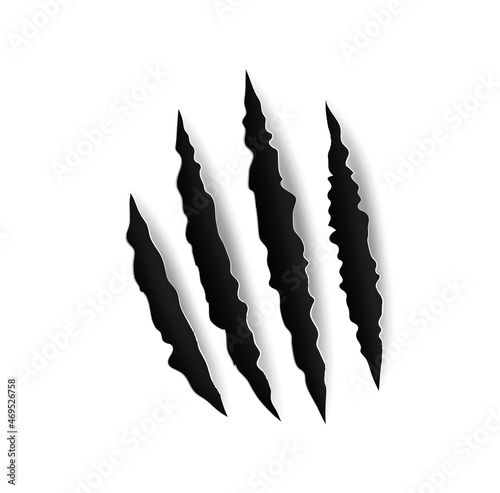 Grizzly bear claw marks and scratches, vector torn cracks of wild animal. Grizzly bear paw marks or monster beast claws with sharp fissures, damaged breaks and hollow scraps on white background photo