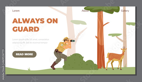 Nature reserve park guards or rangers forces website, flat vector illustration.