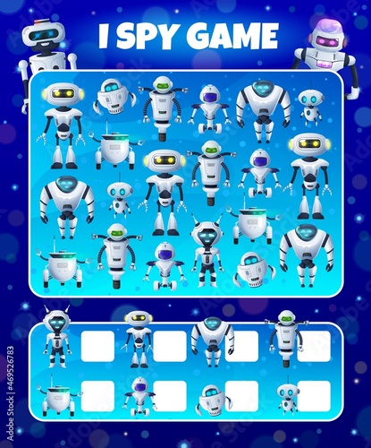 Cartoon robots and droids. Kids I spy education game, vector riddle with ai cyborgs. How many androids and bots mathematics test. Numeracy skills and attention development worksheet page for children