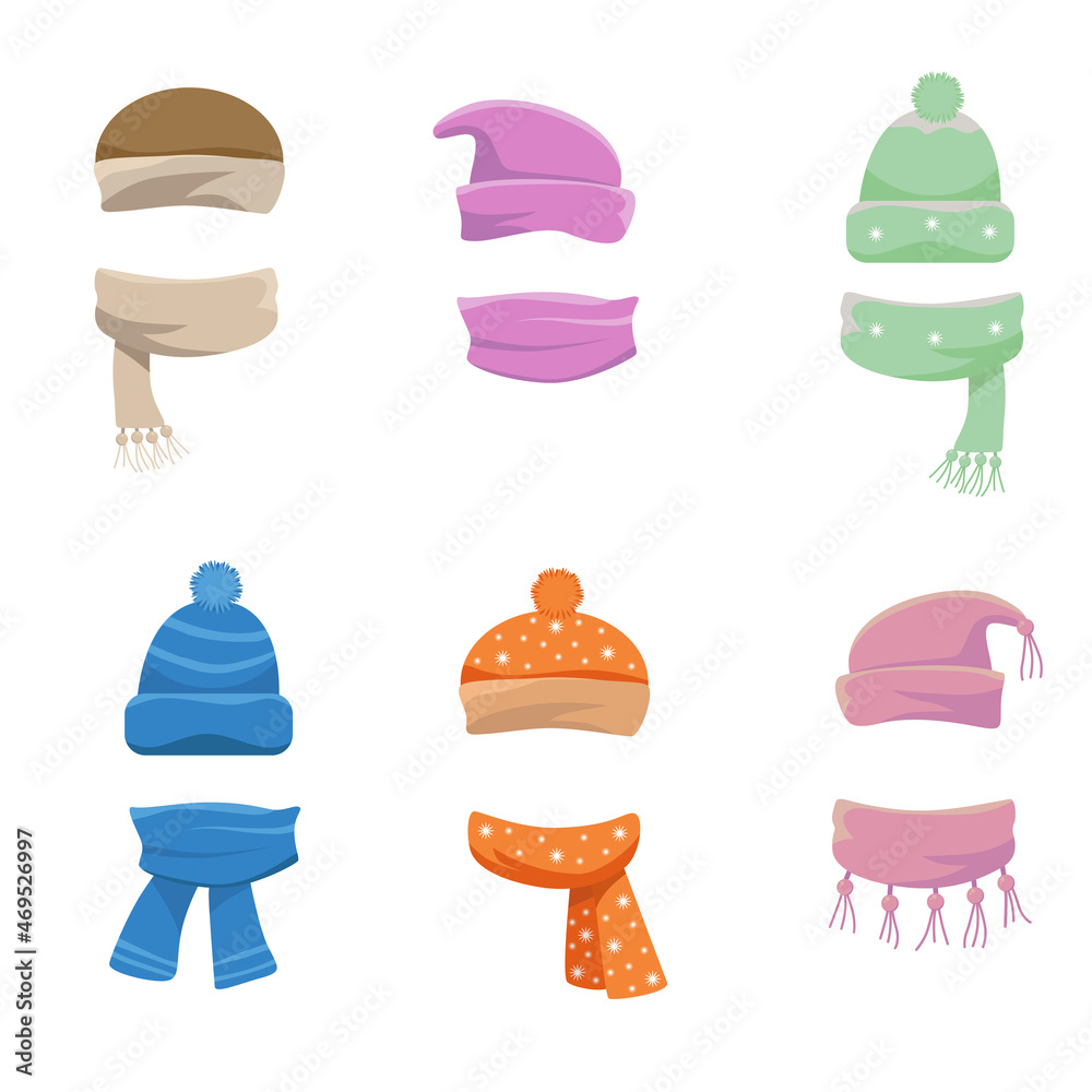 A set of hats and scarves for boys and girls in cold weather. Stylish hats and scarves. Clothes for winter and autumn. Blue, red, brown, purple, brown and orange hats and scarves. - obrazy, fototapety, plakaty 