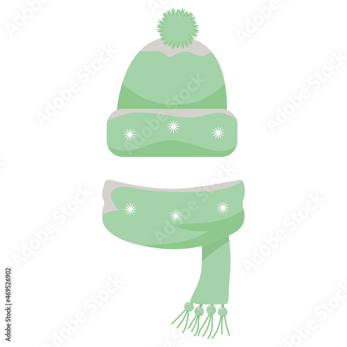 A set of hats and scarves for boys and girls in cold weather. Stylish hats and scarves. Clothes for winter and autumn. Blue, red, brown, purple, brown and orange hats and scarves.