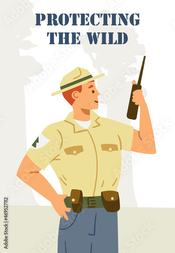 Banner for ranger squad protecting wild nature, flat vector illustration.
