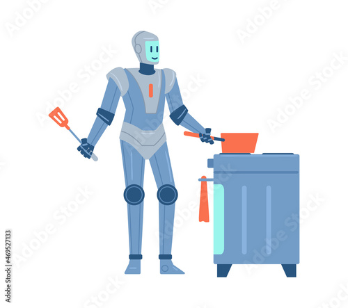 Household robot helper cooking food, flat vector illustration isolated.