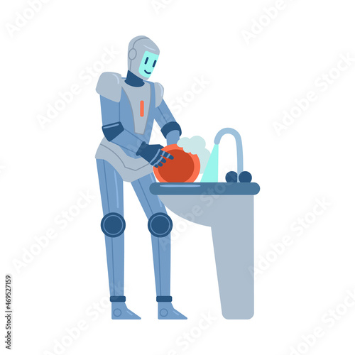 Robot washes dishes and helps with household, flat vector illustration isolated on white background.