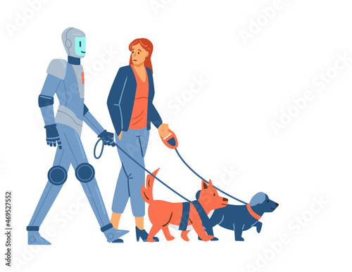 Scene with robot assistant walking the dog, flat vector illustration isolated.