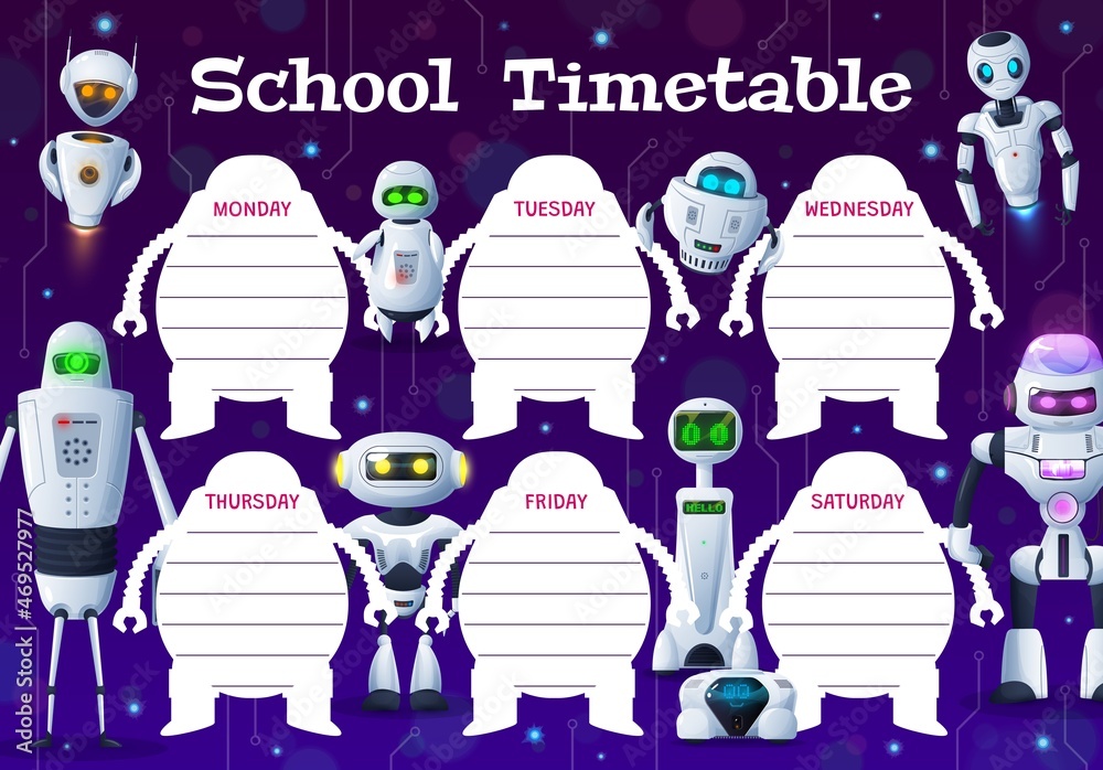 Vetor de Education timetable schedule cartoon robots and droids vector ...
