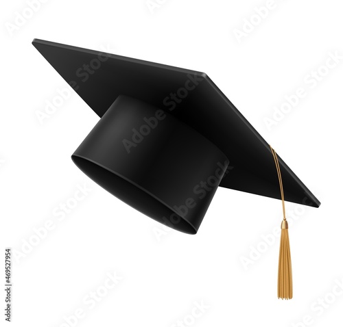 Student graduate cap with tassel, isolated university or college student hat, vector education degree. Graduation ceremony black mortarboard hat with gold tassel and cord, 3d cap of academic dress