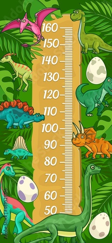 Cartoon kids height chart with funny dinosaurs and reptiles, vector growth measure design. Wall meter ruler scale with tropical jungle palms background, dino eggs, t-rex, diplodocus and pterodactyl