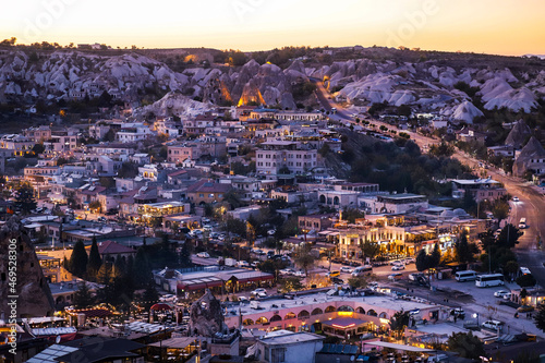 beautiful view of the city in the mountains of Cappadocia at sunset