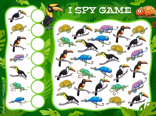 Fototapeta Naklejka Na Ścianę i Meble -  Spy game cartoon toucans and chameleons in tropical jungle. Vector kids riddle with tropical birds and lizards characters. Educational children puzzle for development of numeracy skills and attention