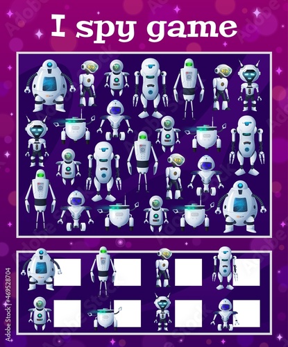 I spy kids game with cartoon robots, vector task with ai droids. Educational riddle how many cyborgs androids and bots mathematics test. Numeracy skills and attention development page for children
