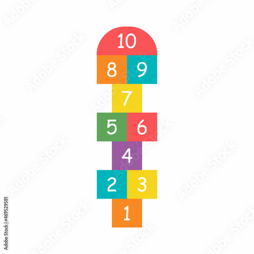 Illustration with hopscotch game. Drawn in colored chalk. Flat vector illustration isolated on white background. Child Game photo