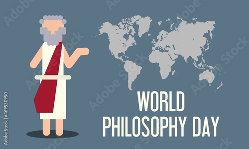 Illustration of a man dressed in Greek costume explaining history. World Philosophy Day.