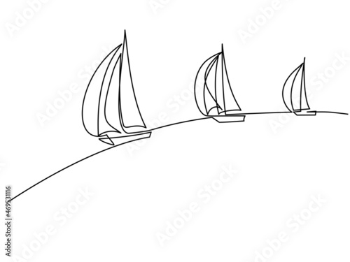 Sailboats under full sail at sea. Sailing logo. Continuous one line drawing.