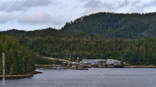 View of ferry terminal McLoughlin Bay of remote village Bella Bella on Campbell Island at Lama Passage, part of the Inside Passage, in BC, Canada. photo