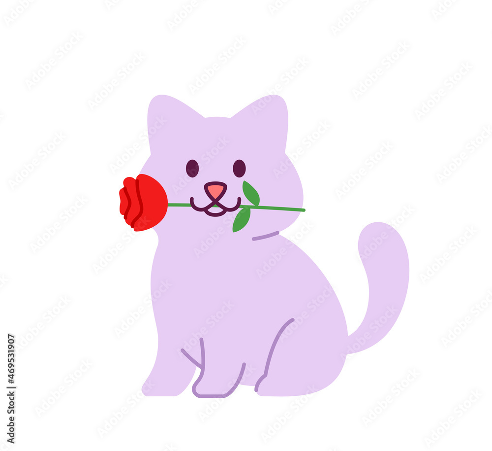 Cute cartoon sitting cat with flower rose in mouth vector illustration