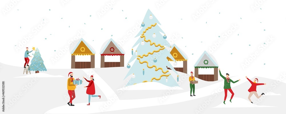 People rejoice in winter. Celebrating New Years and Christmas Eve against the backdrop of a winter landscape. People having fun and celebrating New Year 2022 and Christmas concept illustration.