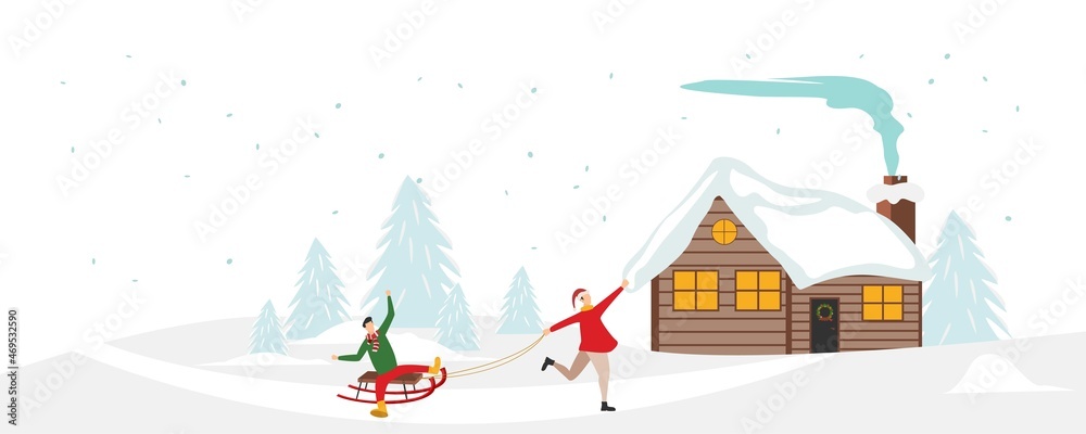 People rejoice in winter. Celebrating New Years and Christmas Eve against the backdrop of a winter landscape. People having fun and celebrating New Year 2022 and Christmas concept illustration.