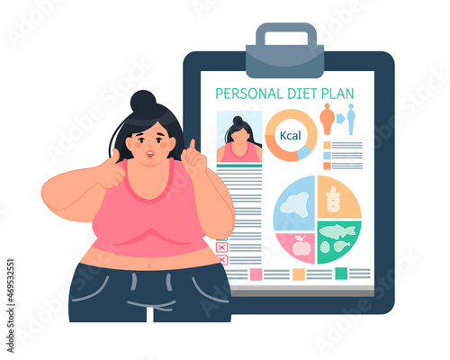 An obese woman adheres to a diet. Vector illustration