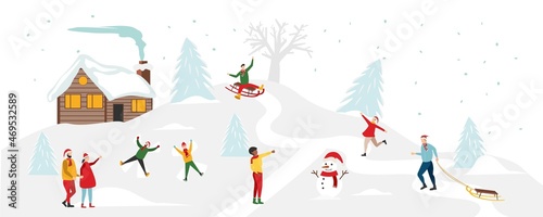 People rejoice in winter. Celebrating New Years and Christmas Eve against the backdrop of a winter landscape. People having fun and celebrating New Year 2022 and Christmas concept illustration.
