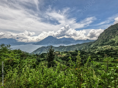 The stunning view above the magnificent Lake Atitlan in the Guatemalan highlands, Solola, Guatemala