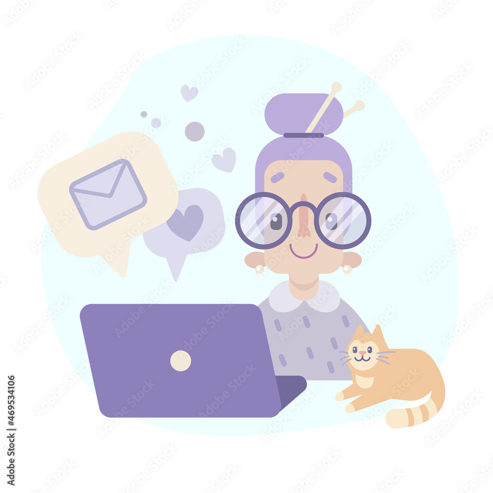 Happy grandmother with laptop and cat. Vector flat illustration isolated on white background. Happy grandmother with laptop and cat. Vector flat illustration isolated on white background.