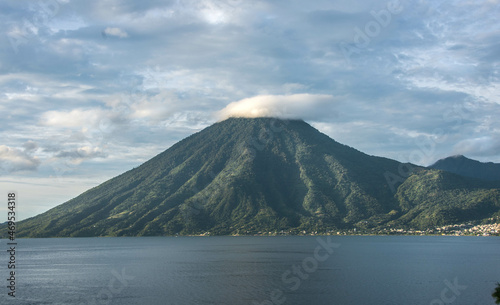 View of San Pedro volcano and Lake Atitlan, Solola, Guatemala