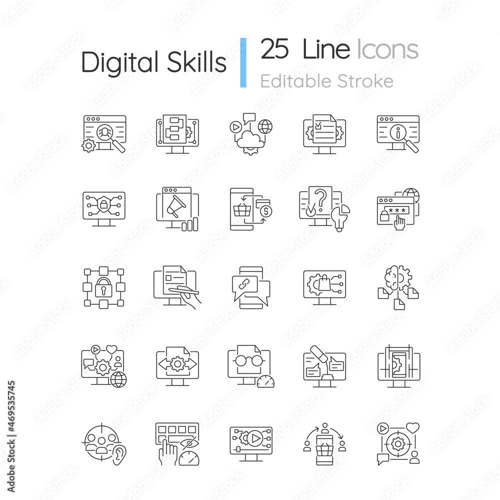 Digital skills linear icons set. Gaining literacy competencies in digital era. Technological proficiency. Customizable thin line contour symbols. Isolated vector outline illustrations. Editable stroke