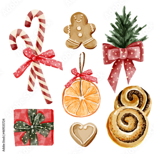 Festive Christmas set watercolor illustration with christmas elements