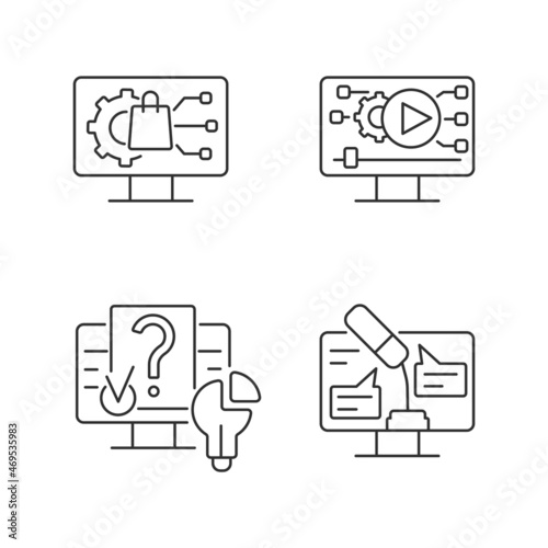 Engaging with digital technology linear icons set. Product development. Video for social media. Customizable thin line contour symbols. Isolated vector outline illustrations. Editable stroke