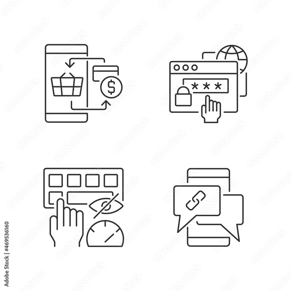Dealing with digital technology linear icons set. Personal security ...