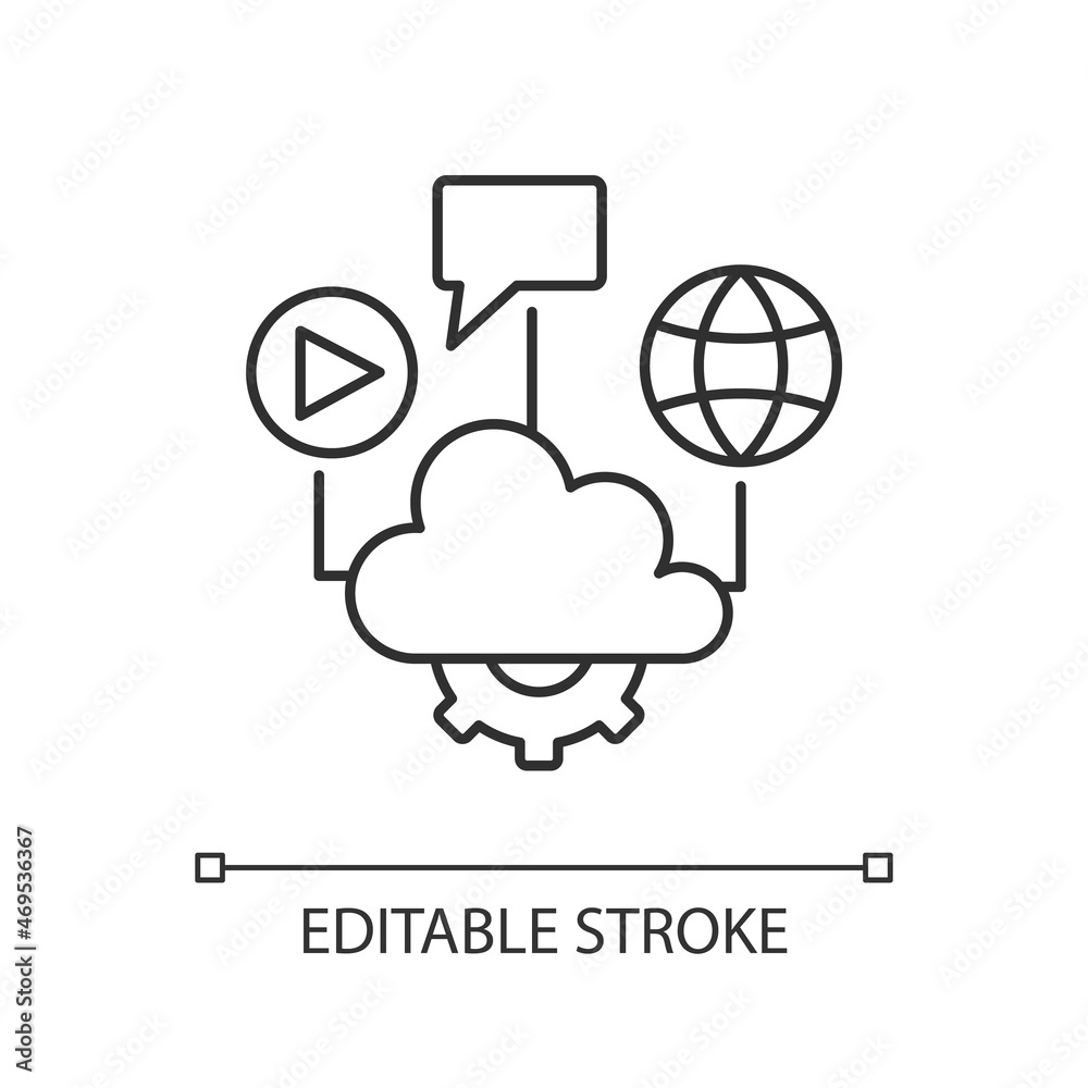 Obraz premium Cloud computing linear icon. Files storage and sharing. Computing services delivering. Thin line customizable illustration. Contour symbol. Vector isolated outline drawing. Editable stroke