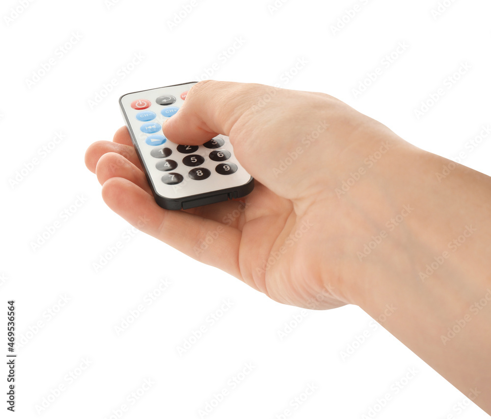Woman holding remote control on white background, closeup Woman holding remote control on white background, closeup