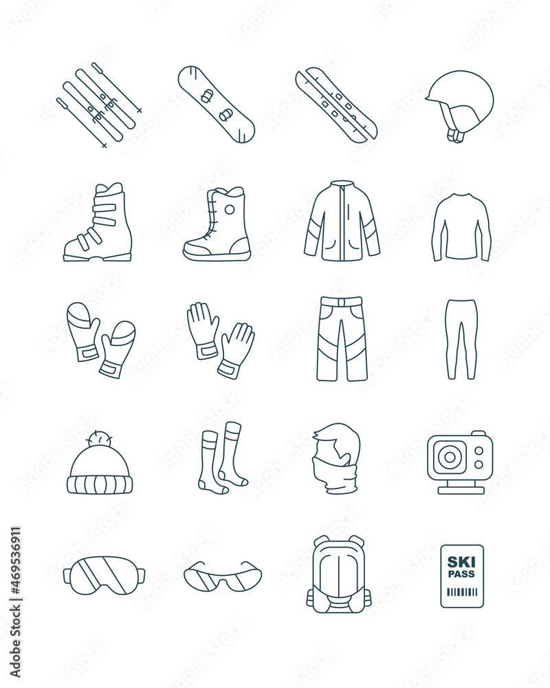 Outline set ski and snowboard equipment kit clothes vector icons for web design isolated on white background - obrazy, fototapety, plakaty 