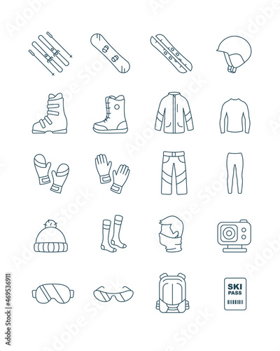 Outline set ski and snowboard equipment kit clothes vector icons for web design isolated on white background