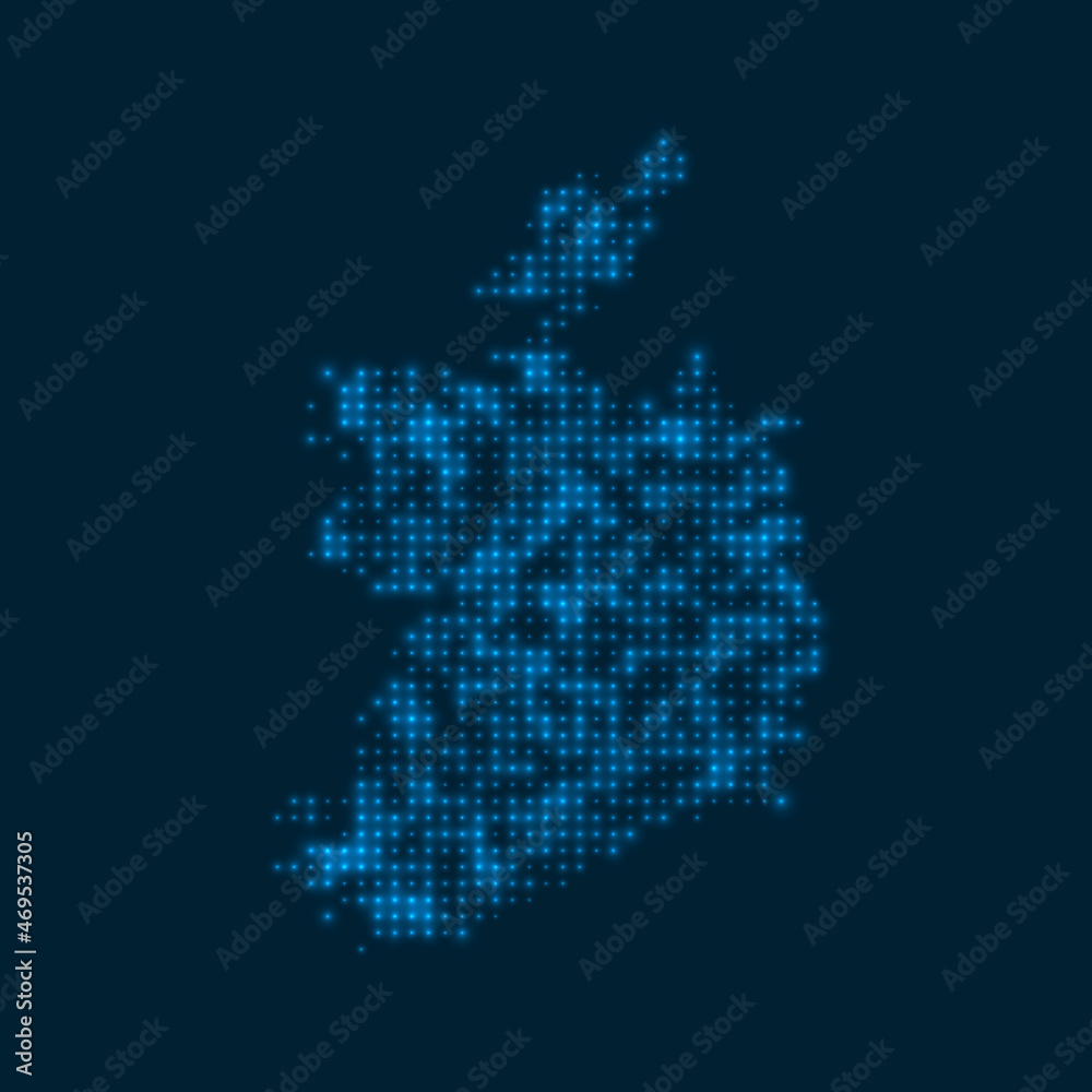 Ireland dotted glowing map. Shape of the country with blue bright bulbs. Vector illustration.