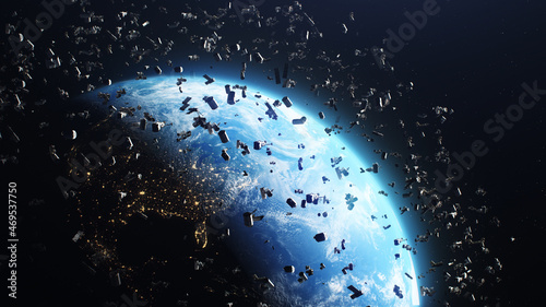 Obraz na plátně 3D Render of space debris around planet Earth