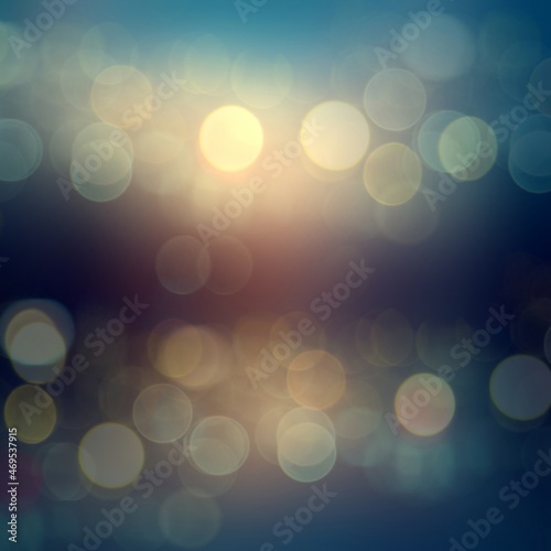 Yellow bokeh lights on dark blue background. Secret night abstract empty template.