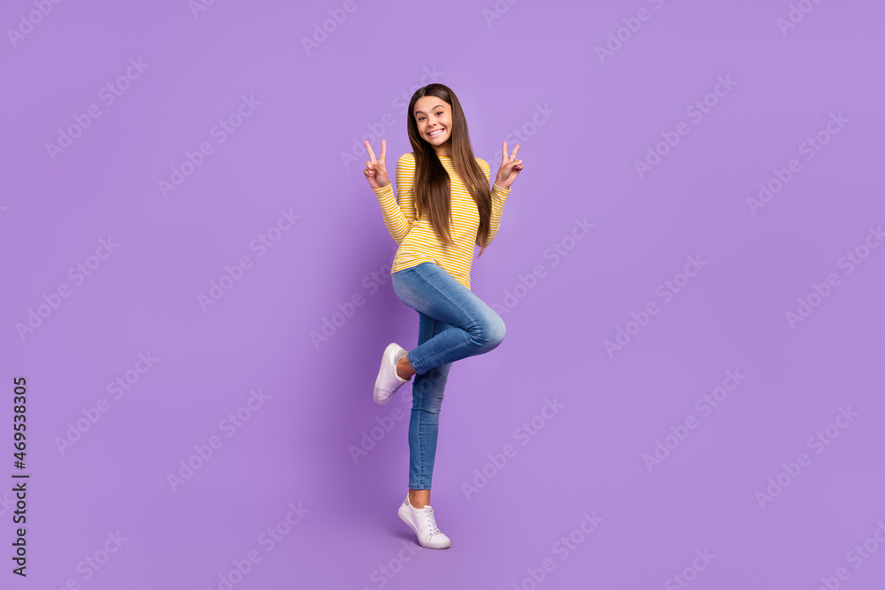 Full size photo of young cheerful girl have fun show fingers peace v-symbol isolated over violet color background