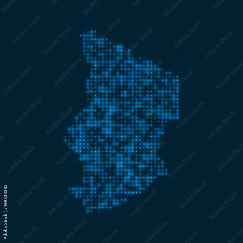 Chad dotted glowing map. Shape of the country with blue bright bulbs. Vector illustration.
