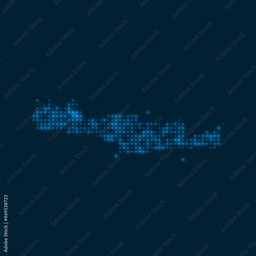 Crete dotted glowing map. Shape of the island with blue bright bulbs. Vector illustration.