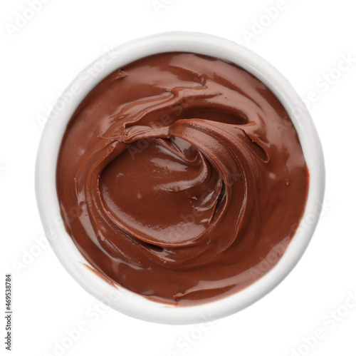 Bowl of chocolate paste isolated on white, top view